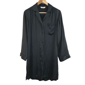 Perlita 100% Pure Silk Black Button Down Long Sleeve Nightshirt Dress Womens S‎